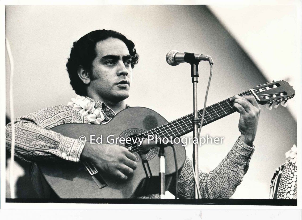 George Helm performs at a fundraiser concert for Kokua Hawaiʻi, at the Waikiki Shell (1973) Negative: 2668-10