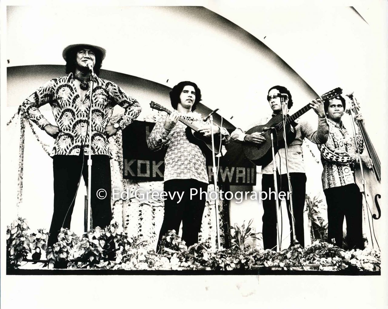 Geroge Helm (second from right) performs for a Kokua Hawaiʻi fundraiser at the Waikiki Shell.  (1973)