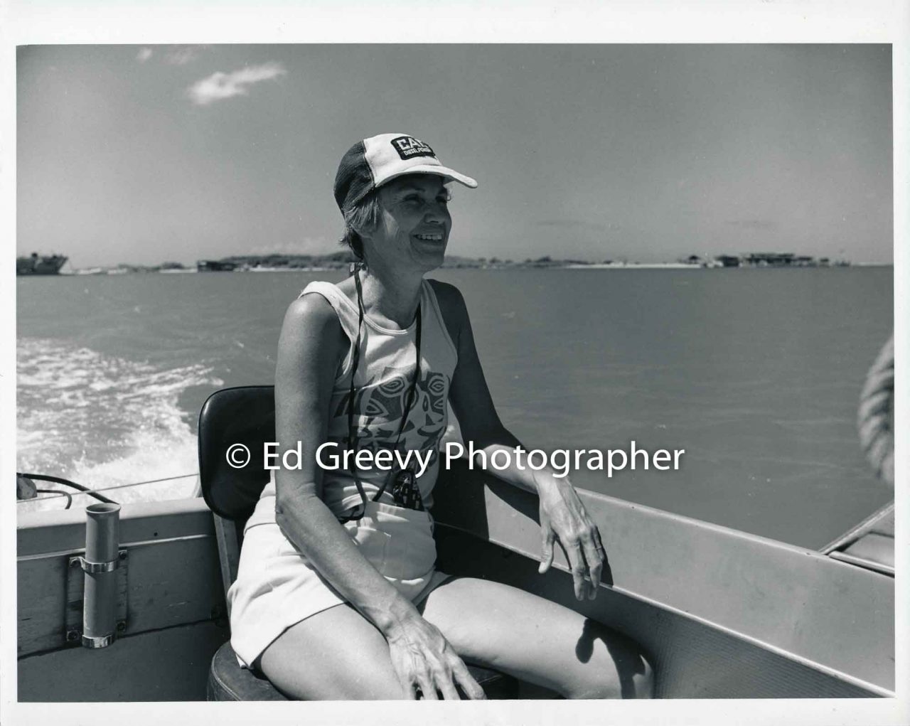 Anthropologist and political activist Marion Kelly returns from working on Mokauea Island. (8 April 1979) Negative: 4050-5-4