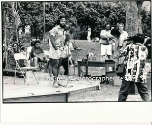 George Helm performed and supported the Waiahole Waikane residents in their eviction fight Randy Kalahiki and John Witeck at right (1976)