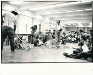 Lifetime Hawaiian-Nationalist Terri Kekoʻolani leads youth group with skit opposing re-zoning in Waiahole-Waikane (21 October 1974) Negative: 2752-9-6 | Ed Greevy Photographer