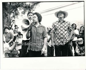 Waiahole-Waikane community leader Auntie Nene Manalo sums up circuit court protest demo. Pete Thompson, Bob Fernandez, Soli Niheu, and Gwen Kim also pictured. (21 April 1976) Negative: 2981-3-29a | Ed Greevy Photographer