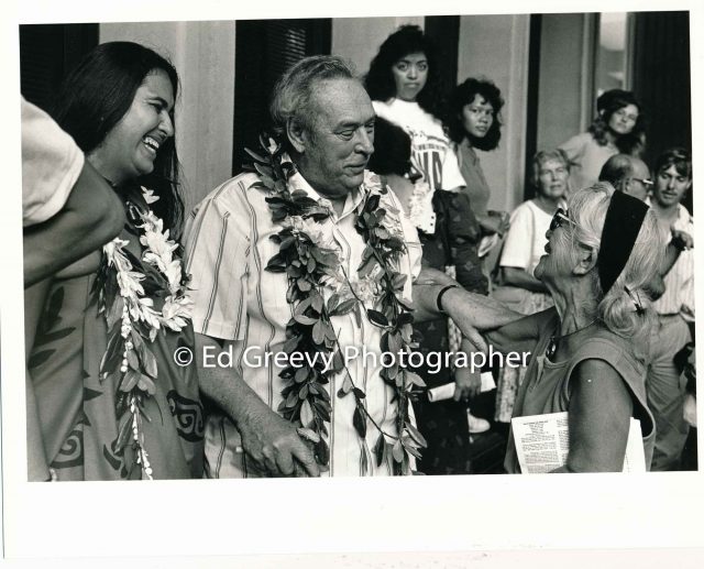 Hawaiian activists Lilikalā Kameʻeleihiwa, John Dominis Holt, and Setsuo Okubu at support protest for Haunani-Kay Trask (November 2, 1990) Negative: 7019-6-26A | Ed Greevy Photographer