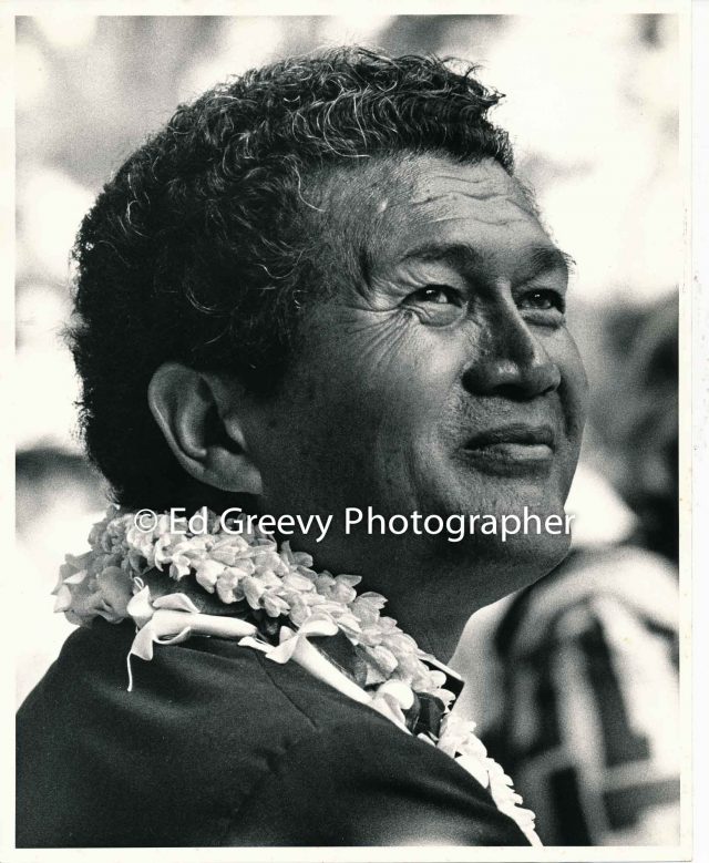 Reverend Abraham Akaka at Ad Hoc Rally, Waikiki Shell. (1971) Negative: 2405 | Ed Greevy Photographer
