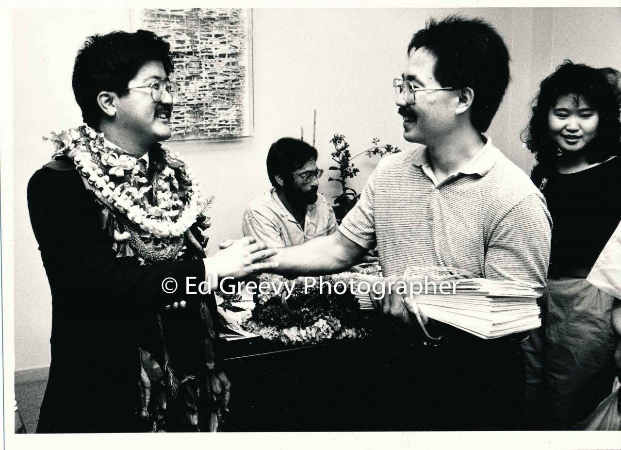 Roland Kotani (left) with artist Wayne Muromoto. Opening day of the Hawaiʻi State Legislature 1989