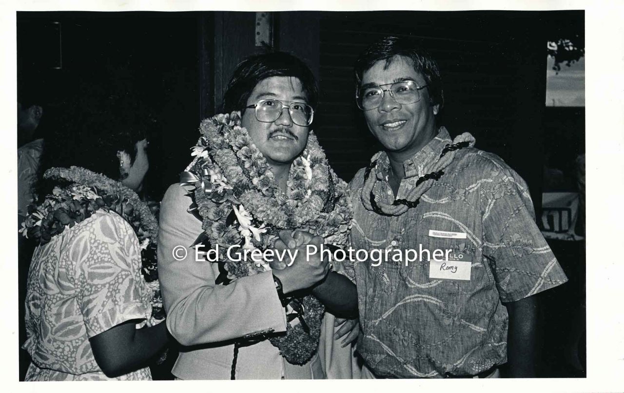 Roland Kotani with State House member Romy Cachola. 1988