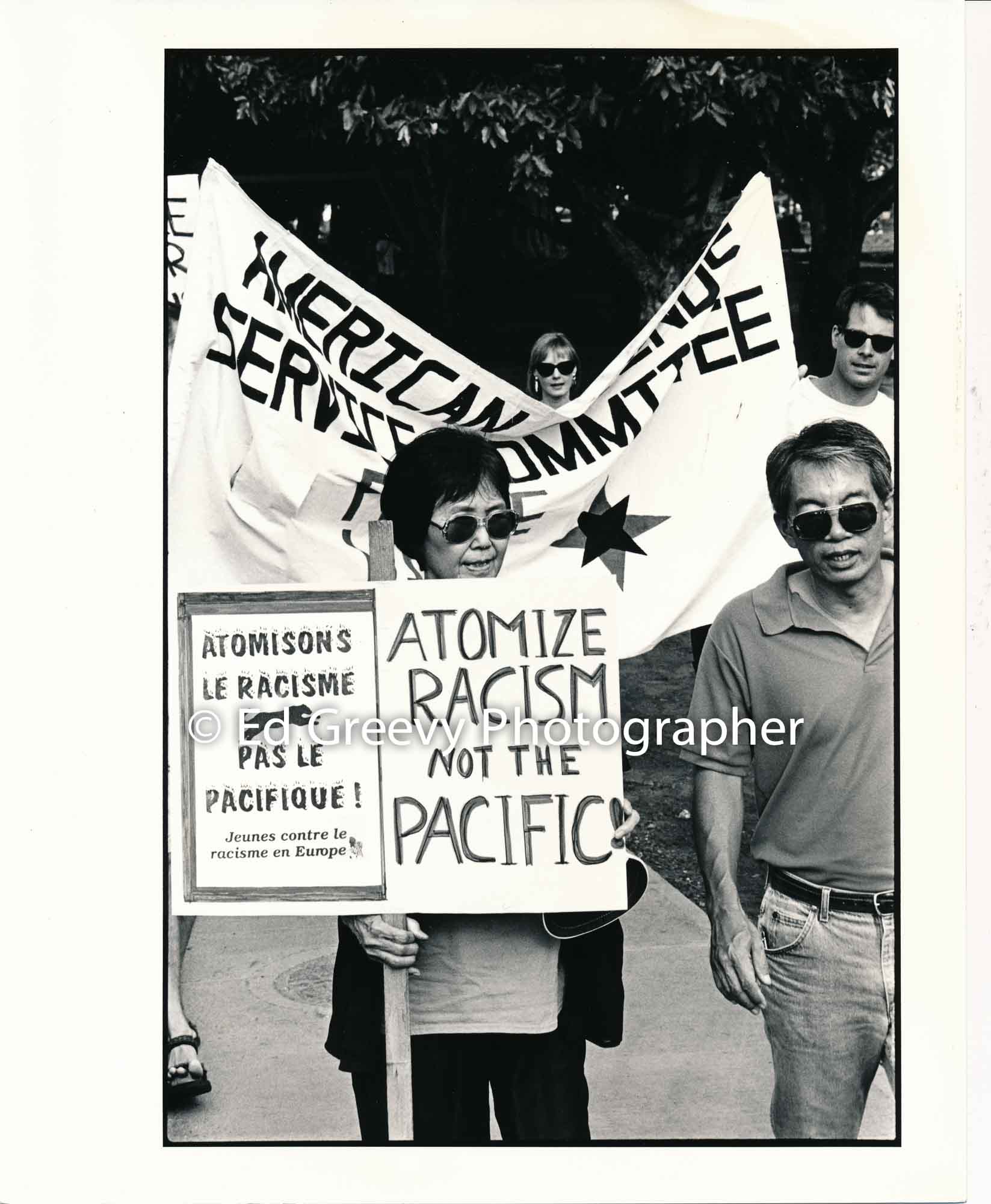 Save our Surf member Barry Nakamura and Mary Choy at demonstration | Ed Greevy Photographer