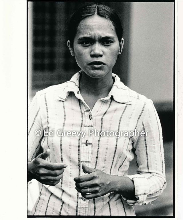 Terri Kekoʻolani at Protect Kahoʻolawe ʻOhana (PKO) second arraignment (15 August 1977) Negative: 3088-2-7A | Ed Greevy Photographer