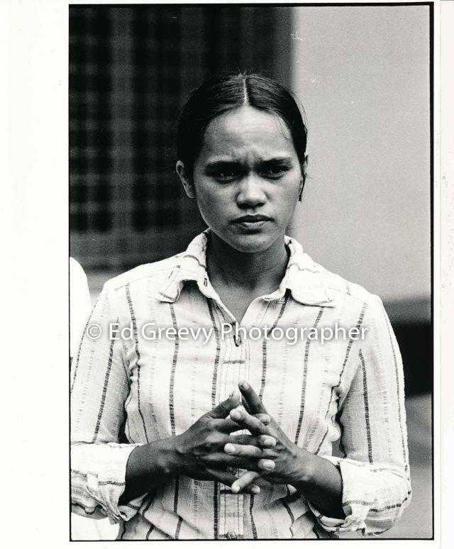 Terri Kekoʻolani at Protect Kahoʻolawe ʻOhana (PKO) second arraignment. (15 August 1977) Negative: 3088-2-9A | Ed Greevy Photographer
