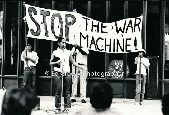 Terri Kekoʻolani speaks at anti-war demo. (19 January 1973) Negative: 2629-35 | Ed Greevy Photographer