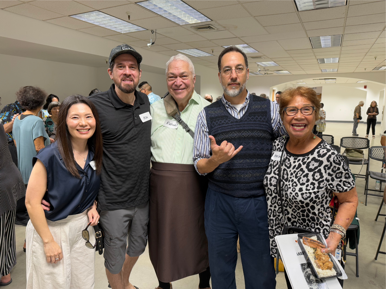 Left to right: Yuko and Kai Peltier, Uncle Bobby, Cameron Wahineokai, and Aunty Healani Williams 